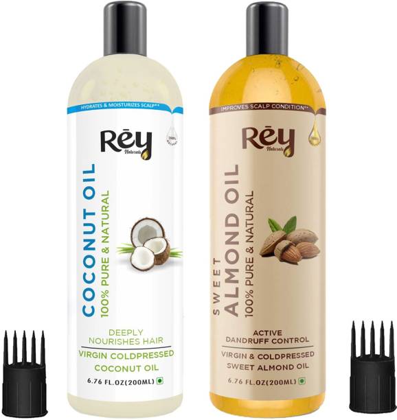 Rey Naturals Cold Pressed Coconut Oil & Sweet Almond Oil - for hair & skin - 200ml + 200ml Hair Oil