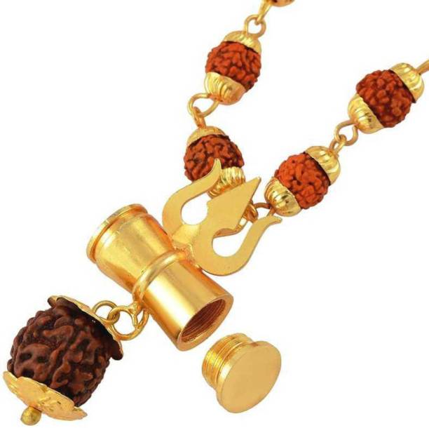 Ausrich Panchmukhi Rudraksha Mala with Gold-plated Trishul Damru Pendant Brass Wood Chain Beads Gold-plated Plated Brass Chain