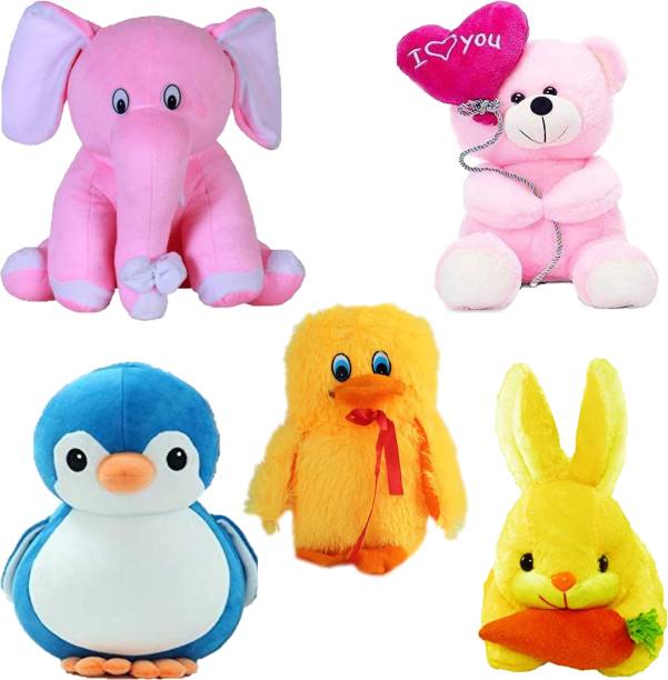 Macros Premium Quality Special Combo In Low Budget for Kids Baby Elephant , Balloon teddy , Duck , Penguin , Rabbit (Pack of 5). Teddy bear  - 25 cm