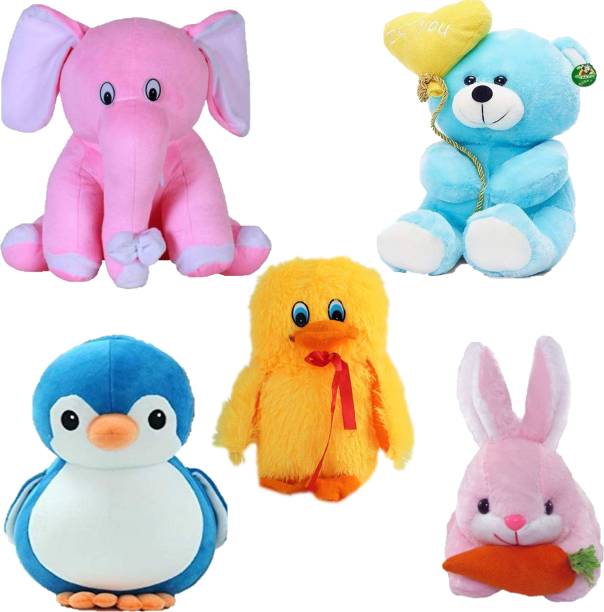 Macros Premium Quality Special Combo In Low Budget for Kids Baby Elephant , Balloon teddy , Duck , Penguin , Rabbit (Pack of 5). Teddy bear  - 25 cm