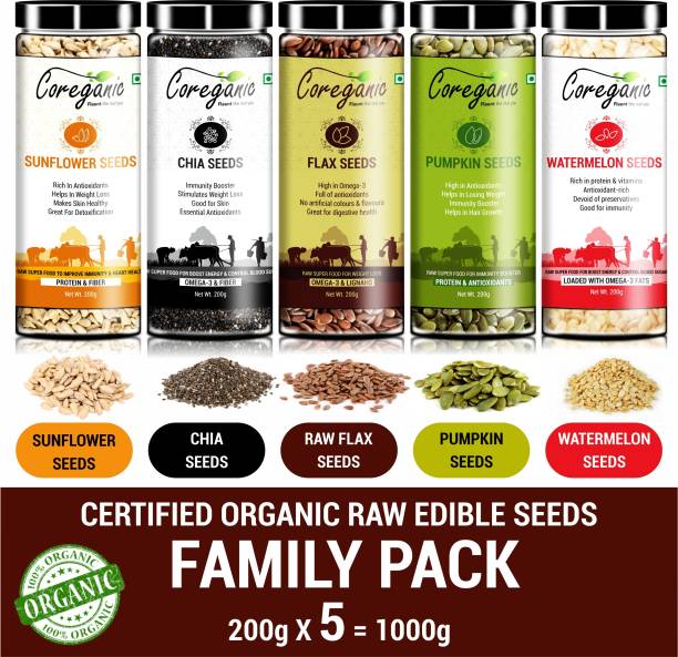 Coreganic Certified Raw Edible Seeds family Pack (Flax,Chia,Pumpkin,Sunflower & Watermelon)