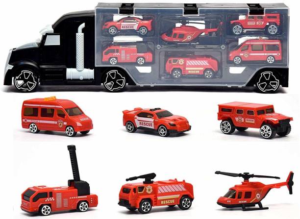 Toys Bhoomi 6 in 1 Rescue FIRE Team STEM Toy Trucks Transport Car Carrier Vehicle Learning Toys Play Vehicles Car Gifts for Kids Boys Girls