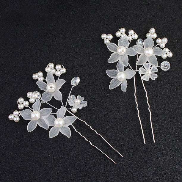 Kidzoo Bridal Wedding Hair Pins Clip Silver Sparkly Rhinestones Flower Hairpin Pearl Bride Hair Accessories Set for Women and Girls (Pack of 2) Hair Pin