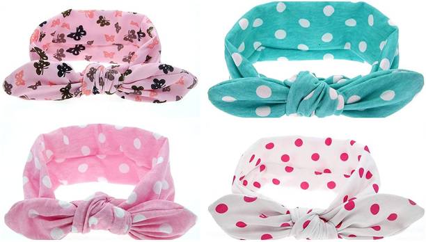 BOLT Pack of 4 Premium Baby Headbands Cute Turban Knotted with Dotted Pattern Head Band