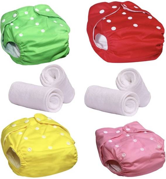 kogar All New Reusable Cool Look Red Green Yellow Pink Cloth Button Diaper With White 5 Layer Insert for Baby New Born To 2 Year (4 Diaper +4 Insert)D3 - M - L