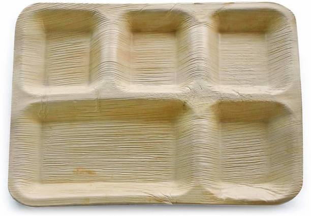 AGRI CLUB Areca Leaves 10"x12"inch 5 Compartments Rectangle Disposal Plates,Set Of 25 Sectioned Plate