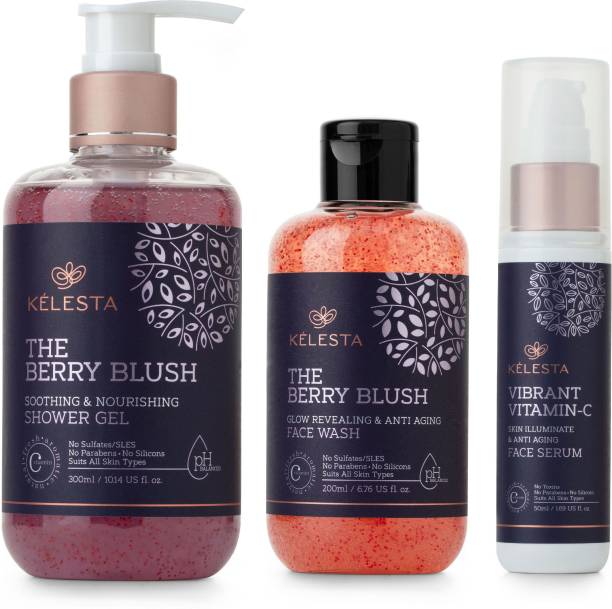 KELESTA The Berry Blush Shower Gel - Soothing & Nourishing Body Wash (300 ml) - The Berry Blush Face Wash - Soothing & Calming Effect (200ml) - Vibrant Vitamin C Serum - Anti-aging & Skin Illuminating (50ml) - No Parabens - No Sulphates - No Silicones