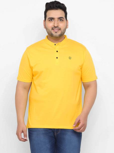 Men Solid Mandarin Collar Yellow T-Shirt Price in India