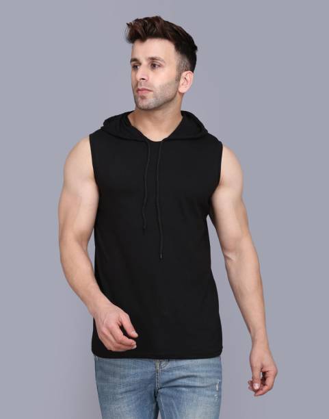 Men Printed Hooded Neck Black T-Shirt Price in India