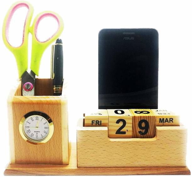 SHENKY 2 Compartments wooden Pen stand with clock and calendar