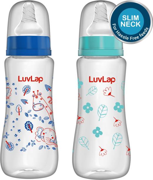 LuvLap 250ml Slim Neck Baby Feeding Bottle, PP, BPA Free, 3m+, Pack of 2 (Jungle Tales & Wild Flowers) - 250 ml