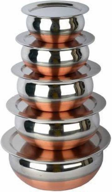 LIMETRO STEEL Set of 5 Copper Bottom Stainless Steel Handi Set / Cookware Set with Lid Stainless Steel Serving Bowl