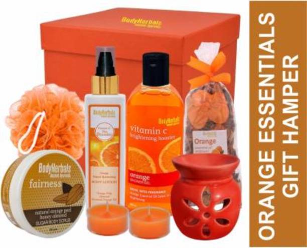 BodyHerbals Energising Orange Essentials Spa Hamper For Ultimate Bath & Body Indulgence (Orange Shower Gel 200ml, Orange Body Lotion 200ml, Orange Body Scrub 250gms, Aroma Diffuser, Orange Potpourri, Bath Puff, 2 Tea Lites) Bath Set & Kits, Stres relief, Relaxing Bath Kit, Gifts For Friends, Gifts For Men and Women, Wedding Gifts, Gifts for Girls and Boys, Gift combo Bathing kit, Luxury Bath. Skin Care gifts