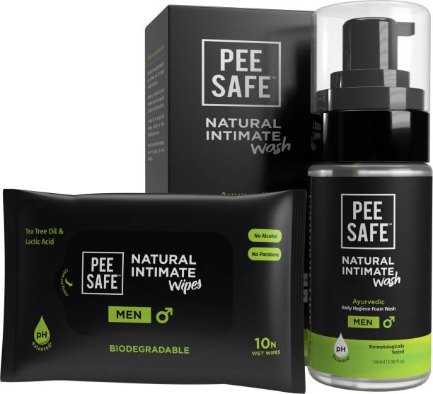 Pee Safe Men Intimate Wash 100ml & Intimate Wipes, pH Balance (Pack of 10 Wipes) - (2 Items in the set)