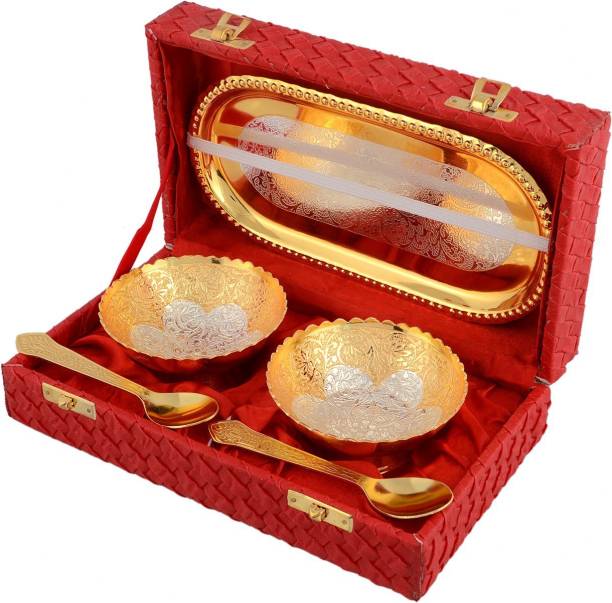Handicraft Décor India Pack of 5 Silver Plated Gold and Silver plated Bowl with serving spoons and Tray set of 5Pcs.. (Dryfruit Bowl,Corporate, Diwali,Weeding Gifting Etc.) Dinner Set