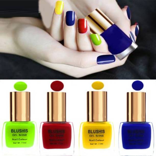 BLUSHIS Gel Shine nail polish waterproof long-lasting quick drying combo pack of 4 with New Trendy Colours [ Red,Yellow,Lime,Bue ] Multicolor