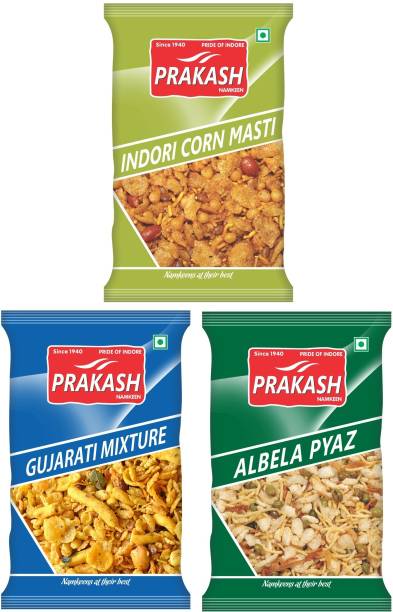Prakash Namkeen Corm Mix + Gujarati Mix + Pyaz Mix 250G each (pack of 3)