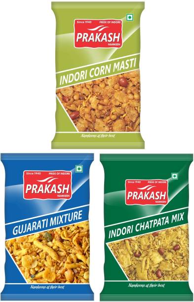 Prakash Namkeen Corm Mix + Gujarati Mix + Indori Chatpata Mix 250G each (pack of 3)