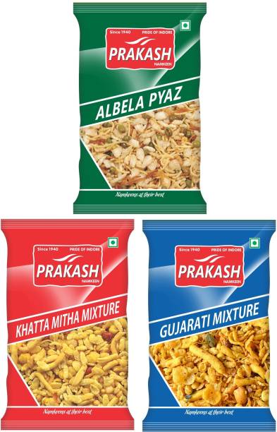Prakash Namkeen Pyaz Mix + Khatta Mitha Mix + Gujarati Mix 250G each (pack of 3)