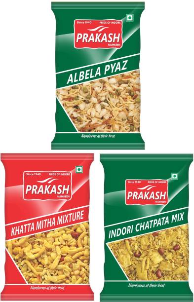 Prakash Namkeen Pyaz Mix + Khatta Mitha Mix + Indori Chatpata Mix 250G each (pack of 3)