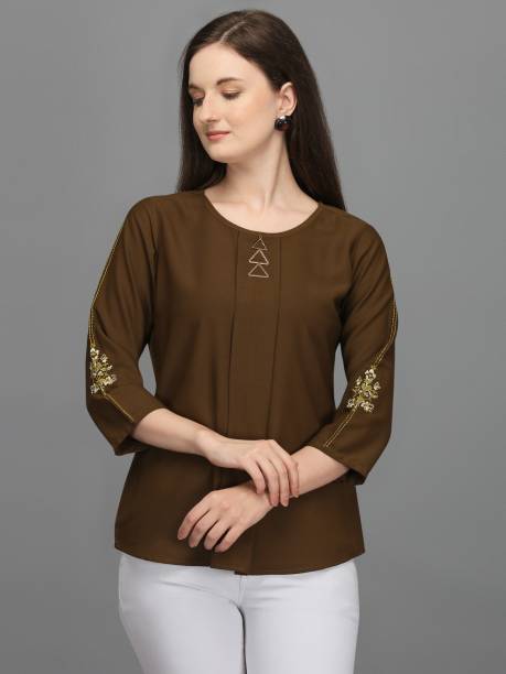 Prettify Casual Bishop Sleeve Embroidered Women Multicolor Top