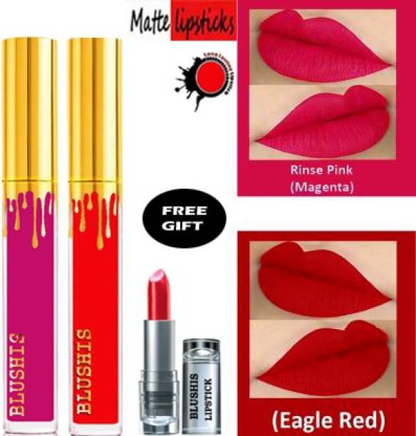BLUSHIS High Defination Liquid matte Lipstick Non Transfer Combo Pack of 2 with Common colors for daily use [Red,Magenta]