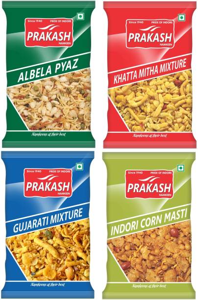 Prakash Namkeen Pyaz Mix + Gujarati Mix + Indori Corn Mix + Khatta Mitha Mix 250G each (pack of 4)
