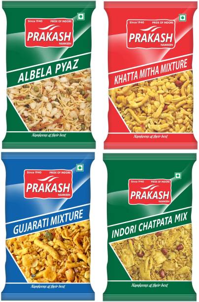 Prakash Namkeen Pyaz Mix + Gujarati Mix + Indori Chatpata Mix + Khatta Mitha Mix 250G each (pack of 4)