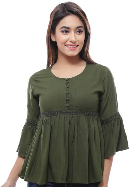 Casual Regular Sleeves Embroidered Women Green Top Price in India