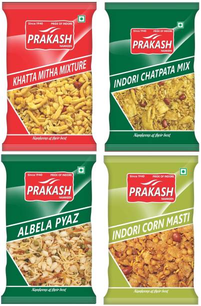 Prakash Namkeen Corn Mix + Pyaz Mix + Indori Chatpata Mix + Khatta Mitha Mix 250G each (pack of 4)