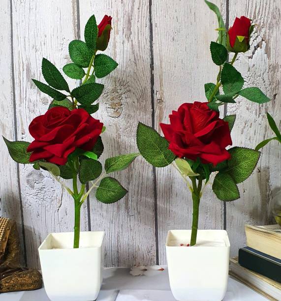 Flipkart SmartBuy Set of 2 Rose Plant Red Rose Artificial Flower  with Pot