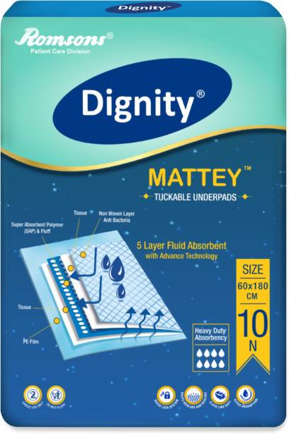 DIGNITY Mattey Disposable Tuckable Underpads, 60 X 180 cm, 10 Pcs/Pack (Pack of 1) Adult Diapers - L