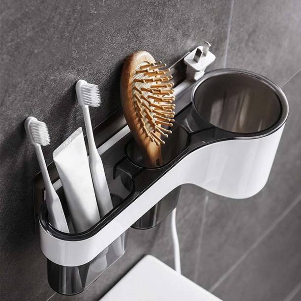 HOKiPO Magic Sticker Series Hair Dryer Stand with Extra Provision to Keep Toiletries (Model - AR2598) Wall Mounted Dryer Holder
