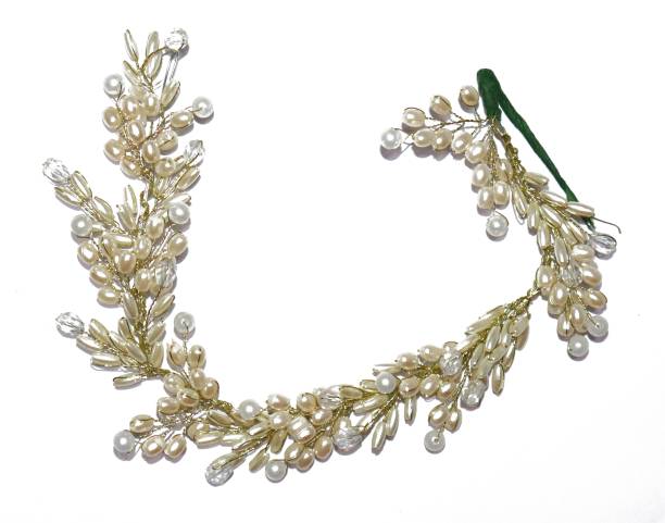 VAGHBHATT Gold Wedding Clip Pearl Beads Bridal Comb Barrette - Handmade Flower Clip Head Pieces for Women Hair Chain
