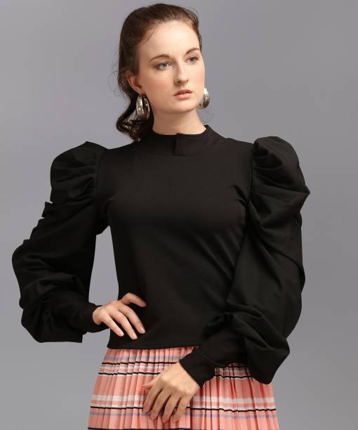 DL Fashion Casual Full Sleeve Solid Women Black Top