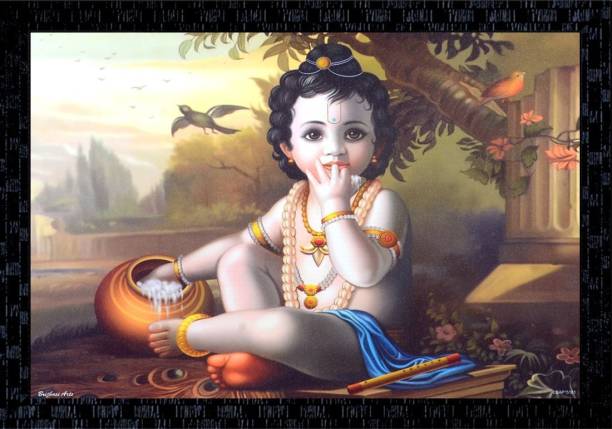Janki God Bal Krishna Eating Butter Modern Art Wall Painting with frame Canvas 14 inch x 20 inch Painting