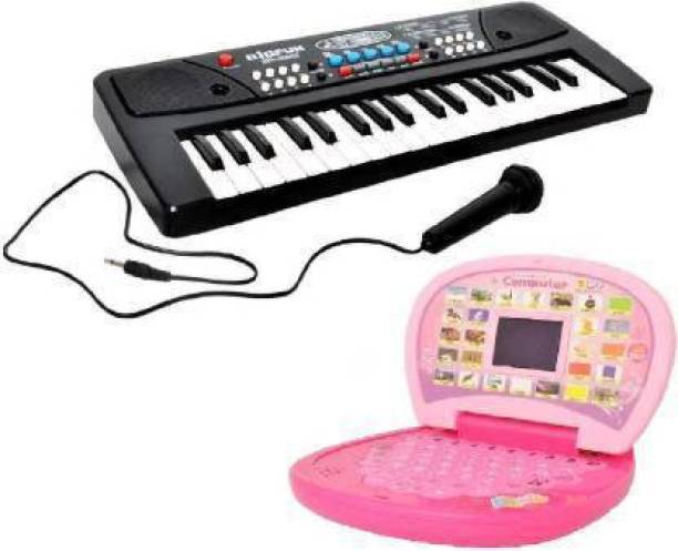 Kmc kidoz Combo of 37 Key Piano Keyboard Toy with DC Power Option, Recording and Mic with Learning English Mini Screen Laptop for Kids (Multicolor)