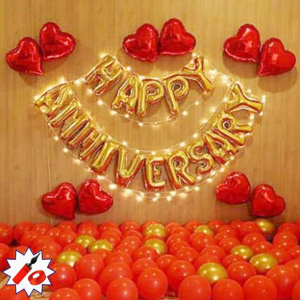 Party Station Solid Pack of 57 pcs Happy Anniversary Decoration kit - "1 Set of Happy Anniversary Golden Foil Balloon + 8 pcs of Red Heart Foil Balloon + 15 pcs of Red Metallic Balloons + 15 Golden Chrome Balloons + 1 red curling ribbon + 1 Fairly light + 1 Air pump" Balloon