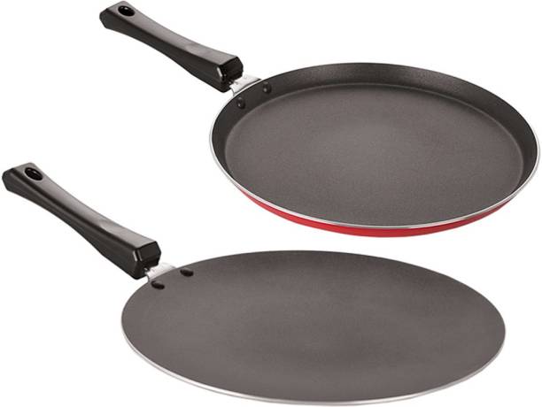 NIRLON Nonstick Cookware 3 Layer Combo Set Of Roti Concave Tawa 29 Cm & Crispy Dosa Flat Tawa 27.5 Cm (Aluminium,Red & Black) Non-Stick Coated Cookware Set