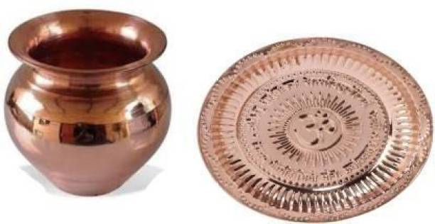 Kriti Copper Om Puja Thali With Copper Lota Engraved Om Symbol and Gayatri Mantra OM Pilet With Copper Kalash Lota (Pack Of 2 ) Copper Kalash