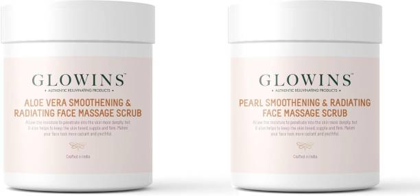 GLOWINS 1 Aloe Vera Face Massage Scrub and 1 Pearl Face Scrub with Vitamin C & E for Rich Exfoliation, Nourish, Natural Radiant, Rid of Dry and Flakly Dead Skin Cell-Set of 2 Scrub