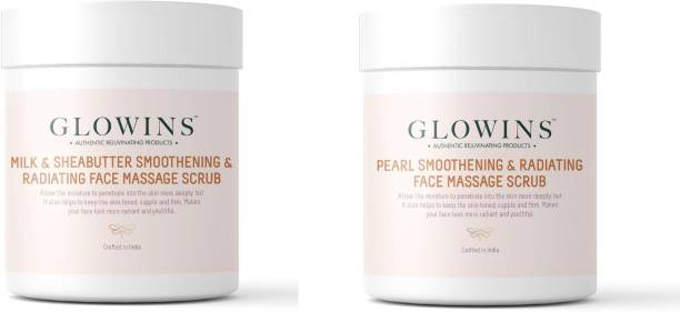 GLOWINS 1 Milk Sheabutter Face Massage Scrub and 1 Pearl Face Scrub with Vitamin C & E for Rich Exfoliation, Nourish, Natural Radiant, Rid of Dry and Flakly Dead Skin Cell-Set of 2 Scrub