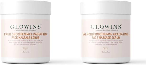 GLOWINS 1 Fruit Face Massage Scrub and 1 Almond Face Scrub with Vitamin C & E for Rich Exfoliation, Nourish, Natural Radiant, Rid of Dry and Flakly Dead Skin Cell-Set of 2 Scrub
