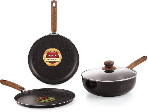 NIRLON Smoky Wood Nonstick Cookware Pots And Pans Utensil Set With Glass Lid (4 Piece) Cookware Set