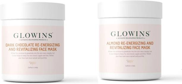 GLOWINS 1 Dark Chocolate Face Mask/Pack and 1 Almond Face Mask/Pack with Vitamin C & E for Rich Exfoliation, Nourish, Natural Radiant, Rid of Dry and Flakly Dead Skin Cell-Set of 2