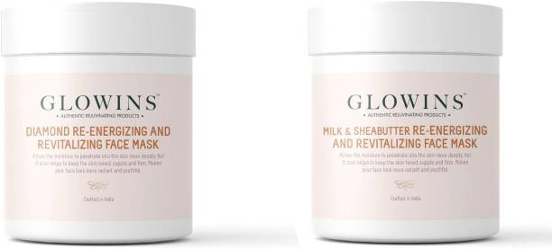 GLOWINS 1 Diamond Face Mask/Pack and 1 Milk & Sheabutter Face Mask/Pack with Vitamin C & E for Rich Exfoliation, Nourish, Natural Radiant, Rid of Dry and Flakly Dead Skin Cell-Set of 2