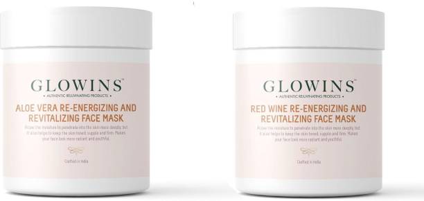 GLOWINS 1 Aloe Vera Face Mask/Pack and 1 Redwine Face Mask/Pack with Vitamin C & E for Rich Exfoliation, Nourish, Natural Radiant, Rid of Dry and Flakly Dead Skin Cell-Set of 2