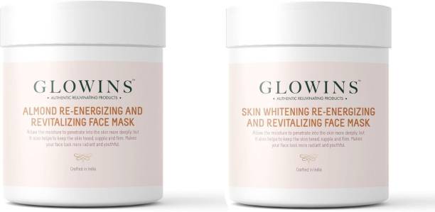 GLOWINS 1 Almond Face Mask/Pack and 1 Skin Whitening Face Mask/Pack with Vitamin C & E for Rich Exfoliation, Nourish, Natural Radiant, Rid of Dry and Flakly Dead Skin Cell-Set of 2