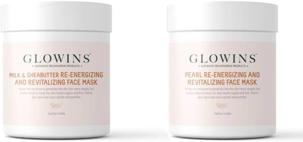 GLOWINS 1 Milk Sheabutter Face Mask/Pack and 1 Pearl Face Mask/Pack with Vitamin C & E for Rich Exfoliation, Nourish, Natural Radiant, Rid of Dry and Flakly Dead Skin Cell-Set of 2