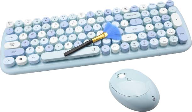 iGear KeyBee Retro Typewriter Inspired 2.4GHz Wireless Keyboard and Mouse Combo with USB Support, Single Nano Receiver, Round Keycaps, Cleaning Brush (Blue) Combo Set